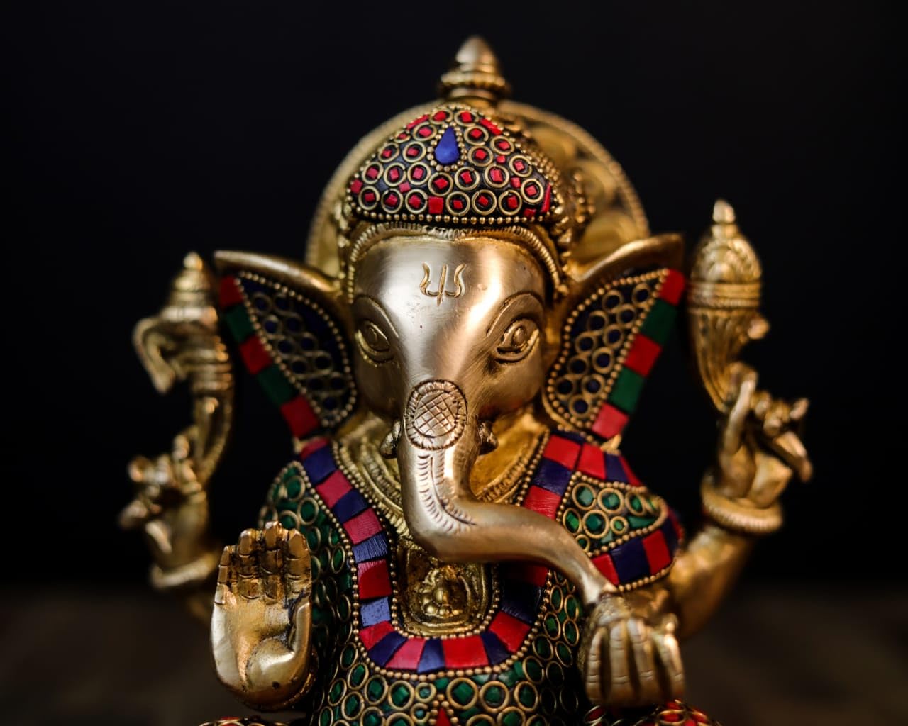 Mridaya Brass Ganesha Statue With Mosaic Stonework, 21 Cm Brass Ganesh Statue, Ganpati Idol, Good Luck Gift For New Beginnings,